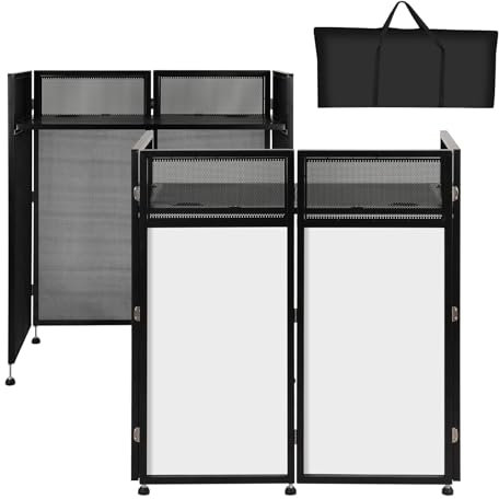 SMONTER Portable DJ Booth 41L x 20W DJ Facade with White & Black Scrim, Foldable DJ Table Station with Adjustable Feet for Party, Black Metal Frame
