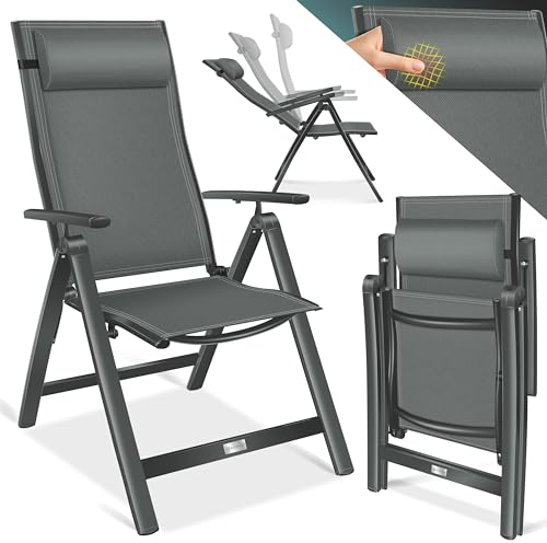 KESSER® Gartenstuhl Hochlehner mit Armlehnen Aluminium Klappstuhl mit Kopfkissen & Abdeckung Campingstuhl 7-Fach Verstellbar Rückenlehne Atmungsaktiv & Wetterfest Klappbar & Anti-Rutsch Anthrazit