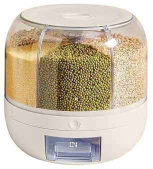 KISABAER Seau à Riz Rotatif, Distributeur de Nourriture à 360 ° à 6 Grilles Conteneur de Stockage de Riz Transparent Distributeur de Céréales à Grains Rotatif Rond Boîte de Rangement de Fruits (T5)