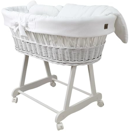 WIKLINOPOL Baby Stubenwagen – Komplettset mit Moseskorb, Matratze & Bettwäsche aus 100% Baumwolle in Rosa – sicherer Schlafplatz mit Rollen & Bremse – Modell Amelia