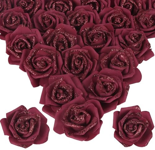 ICBOX 100pcs Burgundy Glitter Roses 2.56 Foam Glitter Flowers Fake Roses Artificial Roses for Bridal Shower Centerpieces DIY Wedding Flower Floral Arrangements