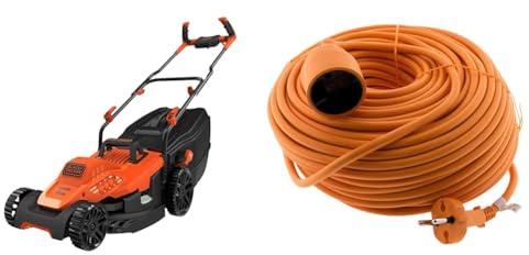 BLACK+DECKER Tondeuse Filaire 1600W, Tondeuse à Gazon Electrique 38 cm, 6 hauteurs réglables & Prolongateur 16A HO5VV-F 2X 1,5 2P sans Terre Orange 40m - Zenitech