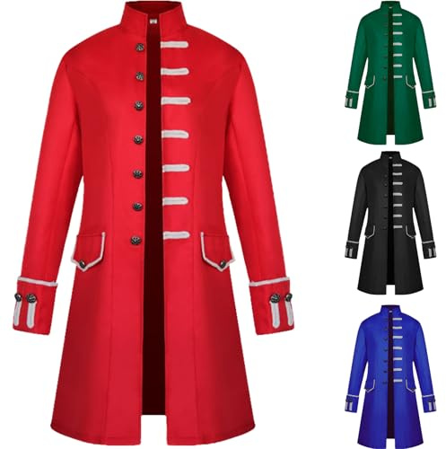 OPAEHJF Men's Gothic Steampunk Medieval Vintage Coat Frock Uniform Costume Single Breasted Trench Coat Autumn Casual Overcoat for Halloween Party (Red, L)