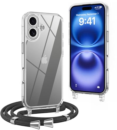 OLEPHY Handykette für iPhone 16 Hülle mit Band, Schwarz | Handyhülle mit Verstellbarem und Demontage Umhängeband, Transparent Stoßfeste Hülle zum Umhängen Kordel, (6,1 Zoll)
