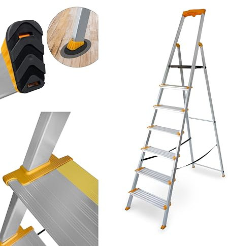 DRABEST Trittleiter 7 Stufen Klappbar - Alu Leiter - Stabiler Klappleiter mit Ablage und Breiten Stufen - 120 mm, rutschfest - Leiter für Hausgebrauch und Arbeit - bis 150kg