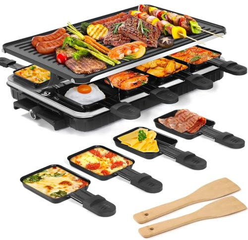 2 in 1 Electric Grill Indoor Electric Griddle + 8 Raclette Cheese Pans & 2 Wooden Spatulas, Adjustable Temperature Control, Nonstick Barbecue Grill, for Family and Party
