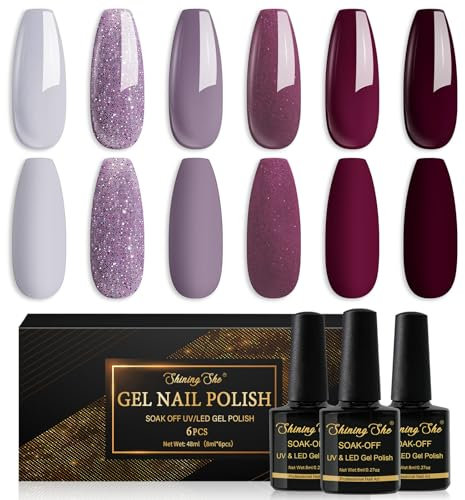 Shining She UV Nagellack Set,6 Farben Nude Lila Graulila Dunkelviolett Dunkelrot Glitzer Lila Winter nagellack Soak-Off UV Gel Nagellack für Anfänger DIY Nail Art Set,8ml