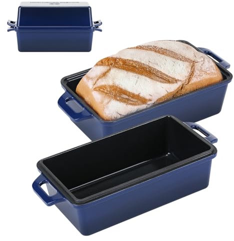 Northriver Casting 2 in 1 Enameled Cast Iron Bread Pan with Lid, Perfect Bread Oven, Loaf Pans for Baking Homemade Sourdough Bread 9x5, 2 Piece set, Navy Blue