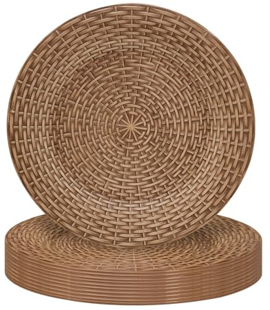 MAONAME Faux Rattan Charger Plates Set of 12, Table Chargers for Dinner Plates, 13 Round Brown Plate Chargers, Plastic Charger for Table Setting, Wedding Decor