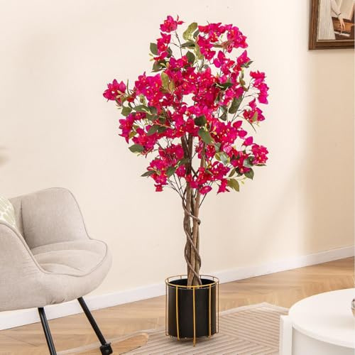 TANGZON 120CM/4FT Artificial Bougainvillea Tree, Fake Blossom Tree in Pot with 360 Flowers, 40 Leaves & Solid Wood Trunk, Indoor Outdoor Decorative Potted Faux Plant for Home Office Garden (1, Rosy)