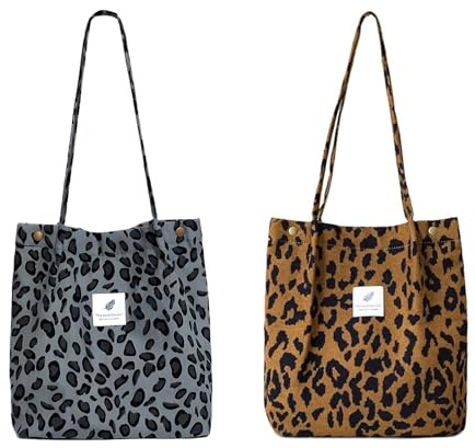 MIYUANGKJ 2 Stück Groß Umhängetasche Damen Cord Tasche Schultertasche Leopardenmuster Tote Bag Handtasche Shopper Arbeitstasche Fashion Stofftasche für Alltag Arbeit Büro Schule Reisen