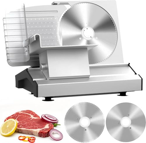 Meat Slicer Machine 2 x 22cm Stainless Steel Blades for Home, 250W Bread Slicer, 0-20mm Adjustable Thickness, Non-Slip Electric Slicers with Food Pusher for Meat, Cheese, Bread, Deli