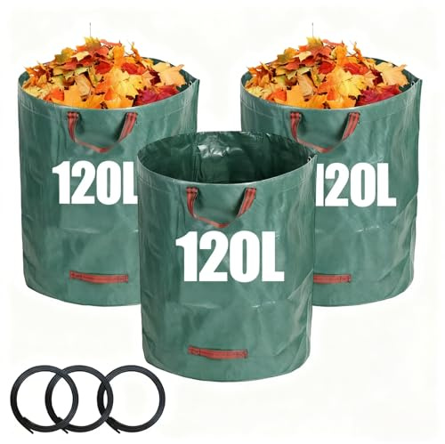 MYLERCT 120L Sacs à Déchets de Jardin, 3 Pièces Sac Vegetaux Jardin, PP Sac Poubelle Jardin, Sacs Dechets Verts avec Poignée, Vert, pour Stockage Mauvaises Herbes, Feuillesmortes et Déchets Jardinage