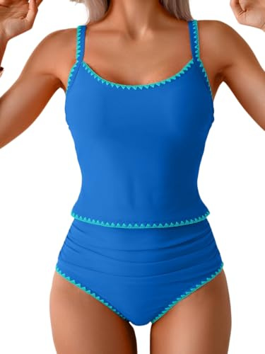 Eomenie Women's Tankini Swimsuits Tummy Control Ruched Two Piece Bathing Suits High Waisted Shell Stitch Swimwear Black