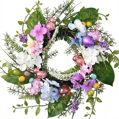 DecorbyHannah Easter Egg Wreaths for Front Door, 18 Easter Door Wreath Decorations with Pastel Electroplated Eggs, Artificial Spring Wreath with Hydrangeas Flowers for Home Wall Window Outdoor Decor