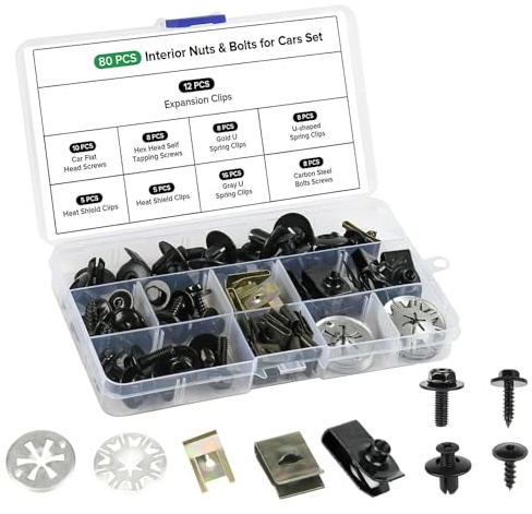 Riisoyu 80 Pièces Vis Carrosserie Voiture Set, Vis et Écrous de Carrosserie Voiture avec Verrouillage Rondelle Clips U Clips Carrosserie Vis de Soubassement Écrous et Boulons pour Auto