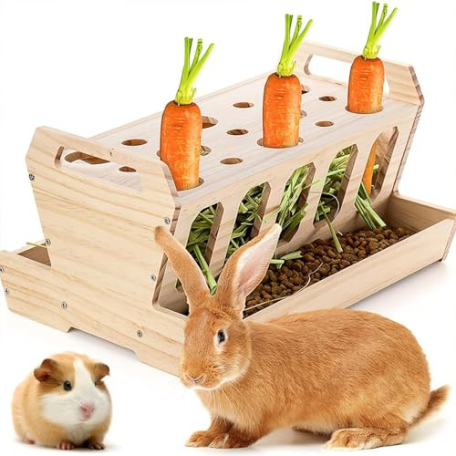 DOUBFIVSY Comedero de Heno para Conejos - Dispensador Automático, Comedero para Hierba y Zanahorias, Madera Natural para Cobayas, Chinchillas, 33 x 22 x 18 cm