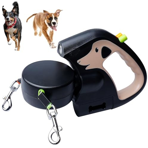 Correa para perros doble para 2 perros, 3 m, correa para perros con luz, doble retráctil, rotatorio de 360°, mango antideslizante, para perros pequeños y medianos