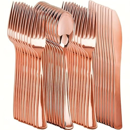 75 Stück Mehrweg Plastikbesteck 25xPlastikgabel 25xPlastikmesser 25xPlastiklöffel Plastik besteck set Partybesteck Plastikgeschirr Mehrwegbesteck für Hochzeit,Geburtstag,Weihnachtsfeier (Roségold)