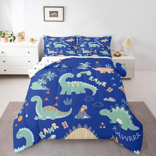 Loussiesd Barn dinosaurie sängkläder set tecknad dinosaurie täcke set enkel storlek för barn pojkar flickor söt djungel dinosaurie blå grön sovrumsdekor 2 st med 1 örngott