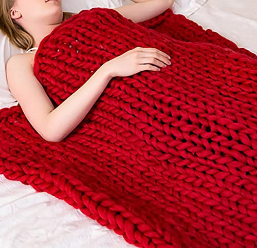 GVNFJKJK Dicke Strickdecke, Handgefertigte, grob gestrickte Überwurfdecke, gemütliche Baumwoll-Couchdecke, weicher und atmungsaktiver Fleece-Überwurf, rot, 61 x cm, Heimdekor-Akzent