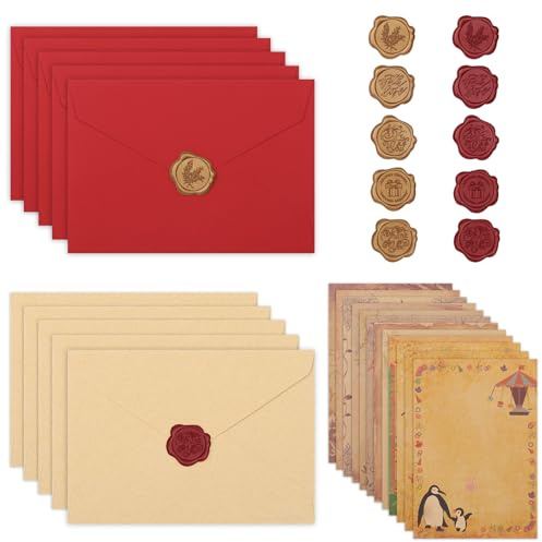 Realjoy 44 Stück Vintage Briefpapier Mit Umschlag Set, Briefpapier Set mit 24 A5 Vintage Papier, 10 Briefumschläge Schön und 10 Wachssiegel, Kraftpapier Umschläge für Liebesbriefe Geburtstag Hochzeit
