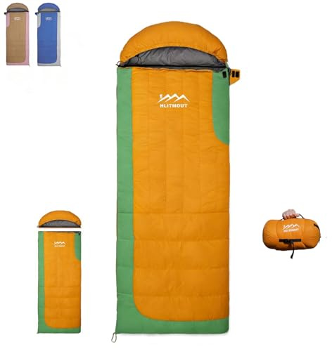 Saco de Dormir Rectangular de Plumón con Sombrero Desmontable, de -5 °C a 8 °C, Ligero y Compacto, para Camping, Senderismo y Mochileros (Naranja, Relleno de 1000 g de plumón)
