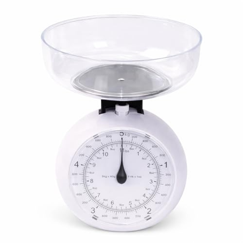 Mechanical Kitchen Scale, 5kg Capacity, Includes 1.2L Dishwasher Safe Detachable Bowl, No Batteries, Mini Analogue Food Scale Fits Inside Bowl For Compact Storage