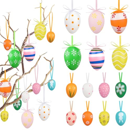 36 Stück O-stereier zum Aufhängen Draussen, 6 cm Bemalte O-stereier Plastik, Ostereier Outdoor, Ostereier Kinder Ostern Basteln Deko Plastikeier Bunt mit Seidenband für die Osterdekoration