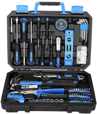 DEKO Cassetta Attrezzi Completa 100 Pezzi - Kit Attrezzi da Lavoro con Cacciaviti, Cricchetto, Pinze, Chiavi per Riparazioni Casa, Fai da Te, Ufficio, Blu