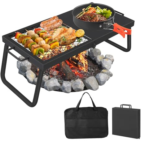 GarveeMore Heavy-Duty Folding Campfire Grill & Griddle - 22.4 x 11.2 Inch Portable BBQ Cooking Grate, Alloy Steel Mesh Rack with 600°c Heat Resistance for Outdoor Camping, Fire Pit & Carry Bag