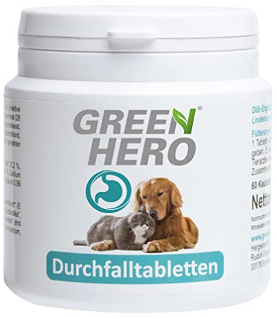 Green Hero Durchfalltabletten, 60 Kautabletten, für Hund und Katze zur Linderung von Durchfall, Magen und Verdauungsbeschwerden, Tabletten zur Verbesserung der Kotbeschaffenheit, enthält Präbiotica