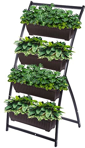 KHOMO GEAR Jardinera Vertical con 4 Macetas Huerto Urbano para Flores y Plantas Jardín Terraza Balcón Interior Exterior - Marrón y Negro