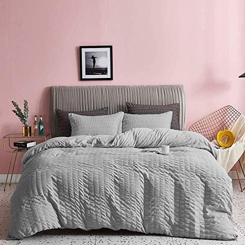 Seersucker Bettbezug mit Kissenbezügen, 100 % Baumwolle, Weiß | Silber | Anthrazit | Rosa | Grau Bettwäsche-Sets Doppel-King-Size-Bett Super-King-Size-Größe (Silbergrau, Super-King-Size)