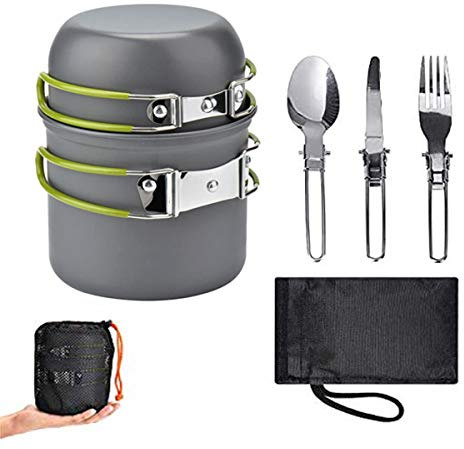 WISMURHI Batterie de Cuisine de Camping avec cuillère/Fourchette/Couteau Pliable en Acier Inoxydable pour 1 à 2 Personnes – Équipement de Cuisine Portable pour feu de Camp en Acier Inoxydable (Vert)