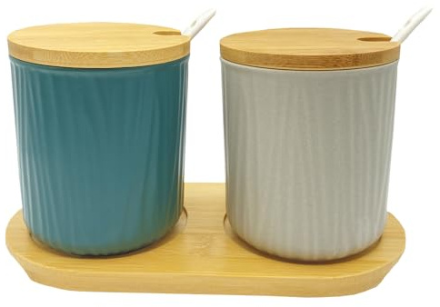 DouYuan Juego de 2 Azucarero Cerámica, Salero y Azucarero Cocina Modernos con Tapa y Cuchara, 300ml/10.15oz, para Azúcar, Sal, Té, Especias y Más