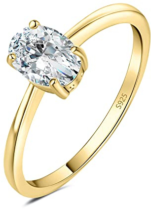 JewelryPalace Oval Cut 8 * 6mm 1ct Cubic Zirconia Solitaire Engagement Rings for Women, 14K Yellow Gold 925 Sterling Silver Promise Ring for Her, Simulated Diamond Anniversary Wedding Ring VVS D-F 5