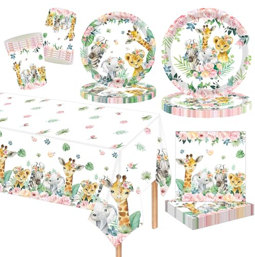 MORAINJAY Ensemble De Vaisselle Anniversaire Animaux 69 Pièces, Animaux Jungle Assiettes En Papier, Tasses, Serviettes, Décorations Table Pour Fête D'anniversaire D'enfants Avec Des