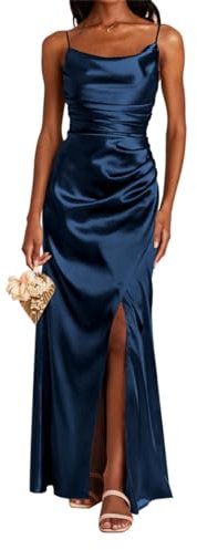 Robe de demoiselle d'honneur longue en satin avec fente et col bénitier - Robe de bal de fin d'année, robe formelle, bleu marine, 42
