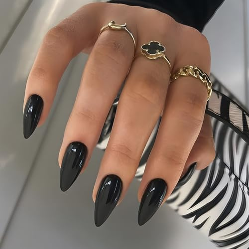 24 Pcs Black False Nails, Wsimily Press on Nails Almond Solid Color Stick on Nails Acrylic Nail Medium Full Cover Fake Nail for Women and Girls, Easy DIY Nail Art