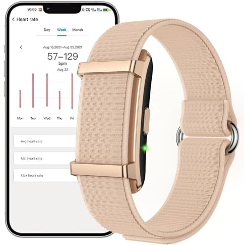findtime Fitness Tracker Armband Aktivitätstracker ohne Display Wearable Schrittzähler Herzfrequenz Schlafmonitor Herzfrequenzmessung Wristband Nylon Smart Band Multisport-Modi Gold Rosa