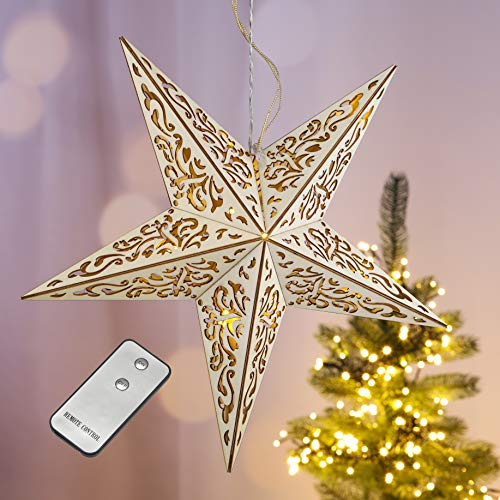 mucHome LED Holzstern Weihnachtsstern mit Aufhängung und Fernbedienung, Ø 40 cm, beleuchteter Stern Weihnachts Fenster Deko Stern Hängelampe Fensterdeko