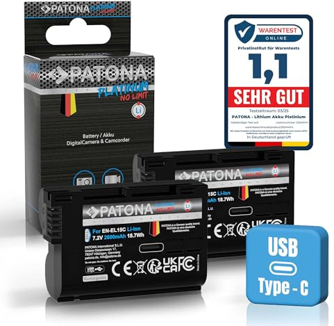 PATONA 2X Protect USB-C Akku Ersatz für Nikon EN-EL15c EL15b EL15 2600mAh | Ersatzakku für Z5 Z6 Zf Z6II Z6III Z7 Z7II Z8 D800 D850 D7000 D7100 D7200 D7500 – direkt am Akku Laden
