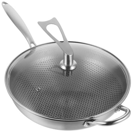 SMASOLO Padella Wok in Acciaio con Fondo Nido d’Alveare Antiaderente Ampia Capacità per Cucina Induzione ed Elettrica con Coperchio e Manico Ergonomico Facile da Pulire