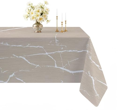 Arwllzz Abwaschbare Tischdecke Beige Modern Rechteckig Mitteldecke Tisch Tischdecken 140 x 200 Leinen Optik Marmor Weiß Tischwäsche Tischdeko Vintage Landhausstil Tischtuch für Draußen Gartentisch