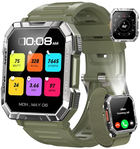 Blackview Reloj Inteligente Hombre Militar - 2.01” Smartwatch Hombre con Linterna, Brújula, Llamadas Bluetooth, Pulsómetro, Monitor de Sueño, Reloj Deportivo con Podómetro, 100+ Modos Deportivos