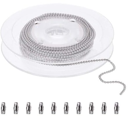 PATIKIL Chaînes de perles à boules, (4,9 m 3,2 mm), chaîne en acier inoxydable 304 pour plaque d'identité chien, porte-clés, rouleau d'extension avec 10 connecteurs de chaîne à boules, convient pour
