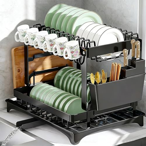 Blendra 2-Tier Dish Sink Drainer Rack with Drip Tray & Rotating Drainage Spout–Space-Saving Dish Drying Rack Kitchen for Cups, Utensils, and Cutting Boards