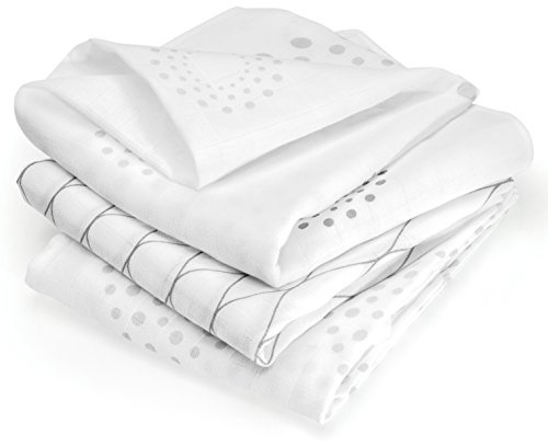 Set di 3 pannolini in mussola, 80 x 80 cm, design grafico, tessuto doppio e testato Ökotex, per bambini, 100% cotone, colore: bianco e grigio