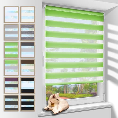 Zarnan Doppelrollo Klemmfix ohne Bohren Grün 45x120cm(Stoffbreite 41cm) Duo Rollo Blickdicht Zebrarollo Rollos für Fenster ohne Bohren für Wohnzimmer Küche Büro lichtdurchlässig und verdunkelnd